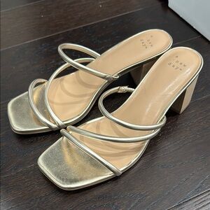Gold square toe strap block heel